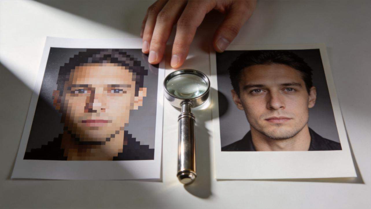 Magnifying glass between a pixelated portrait and a sharp portrait on printed pages