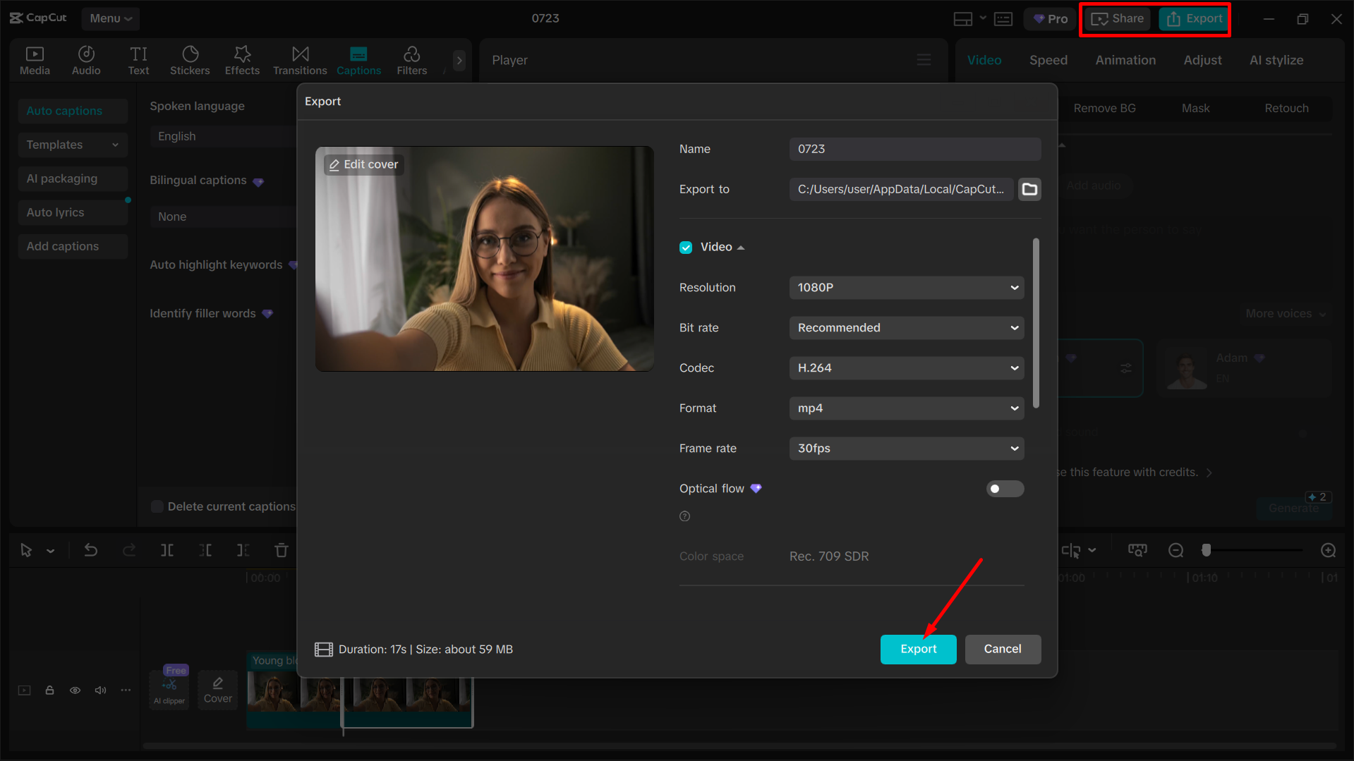 Exporting the media from the CapCut desktop video editor