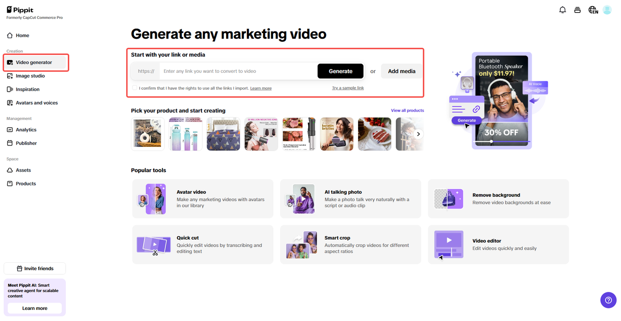 Envie links ou mídias de produtos