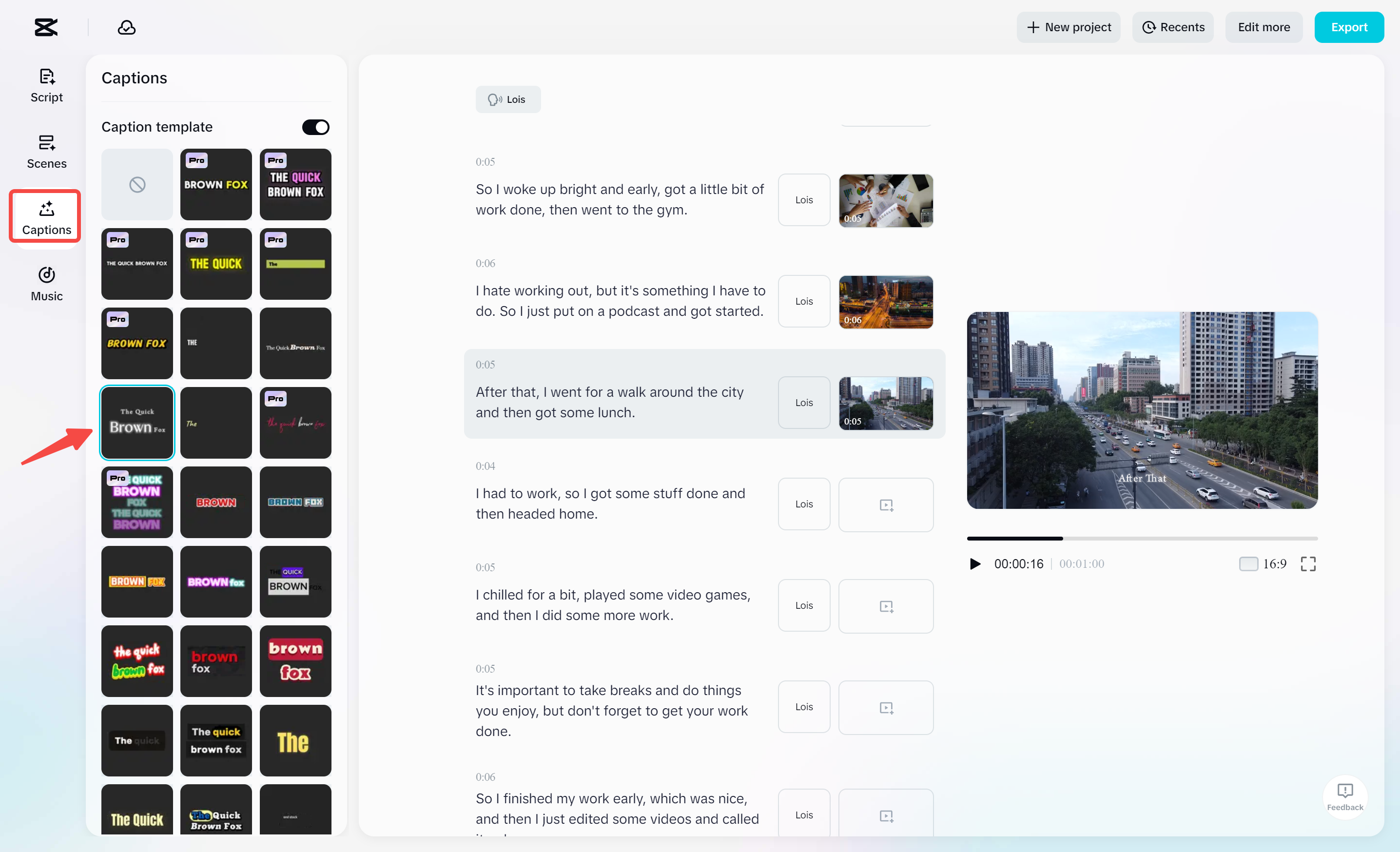 Inserting captions to the video in the CapCut desktop video editor
