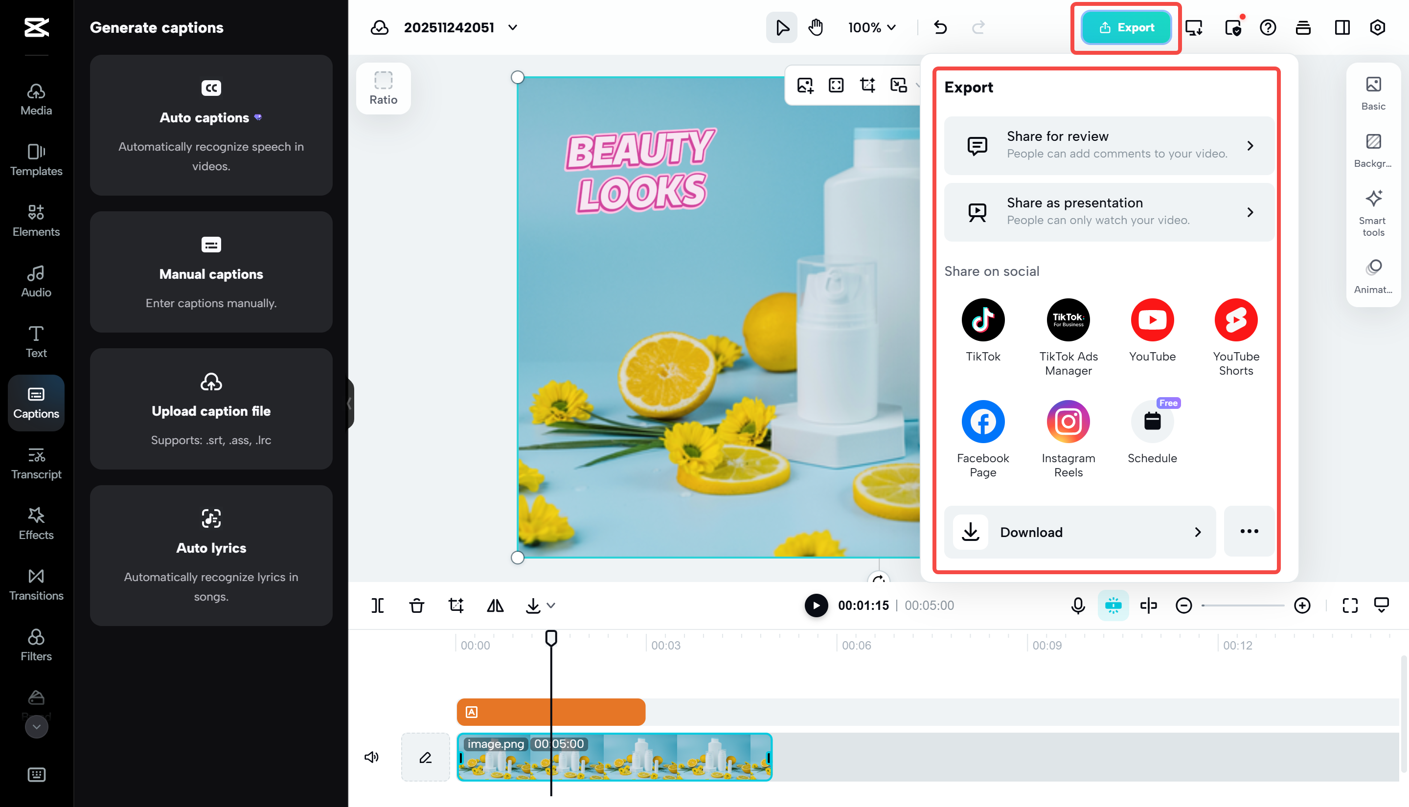 Exporting the final video from CapCut online video editor