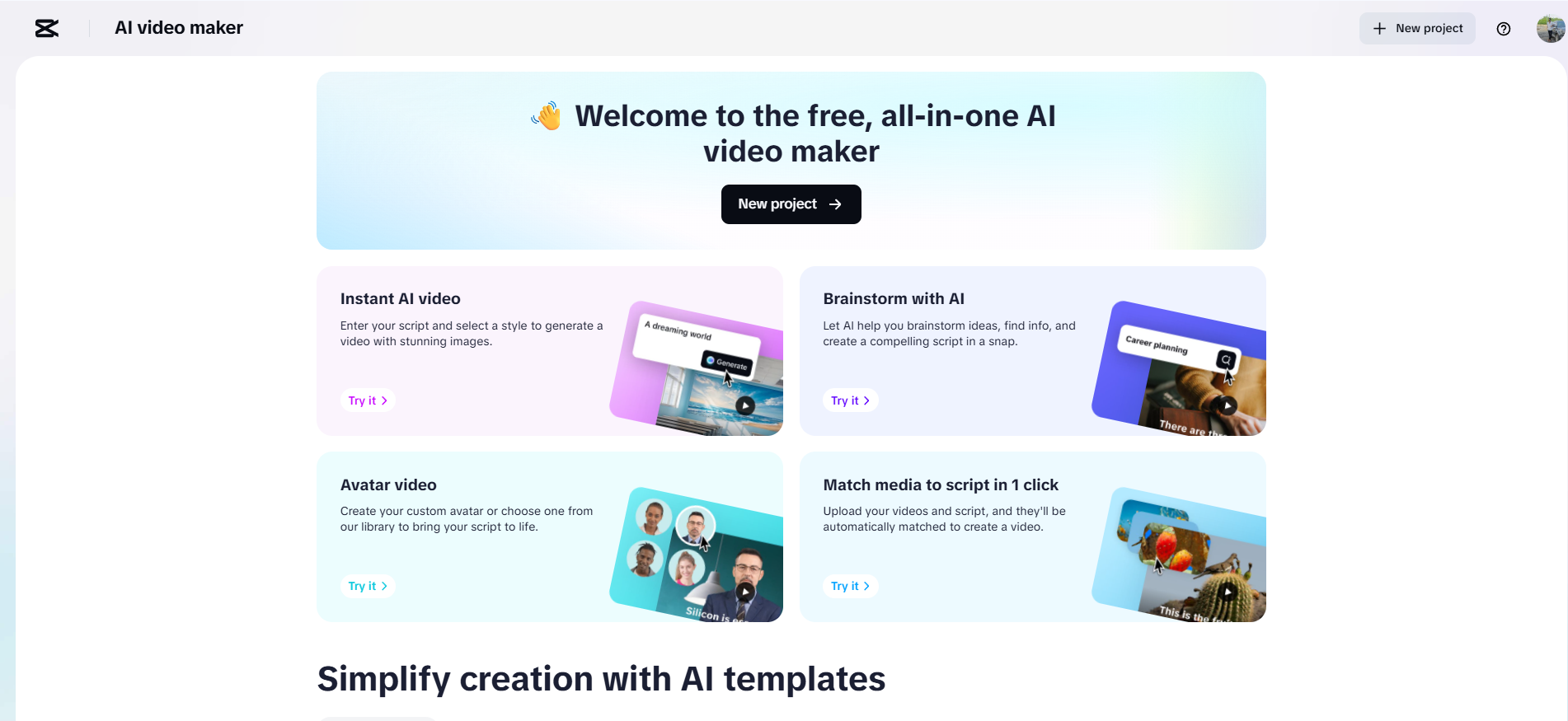 Domovská stránka nástroje AI video maker CapCut Web