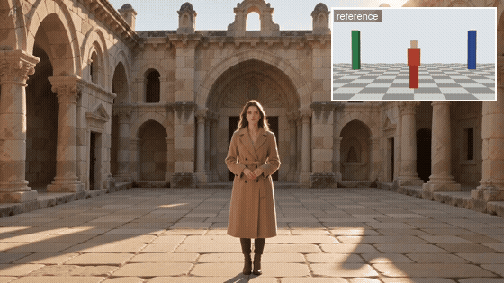 A woman in a camel coat in a stone courtyard, the camera pushing in from full length to waist-up, with the gray-box reference playing in a small inset in the corner.