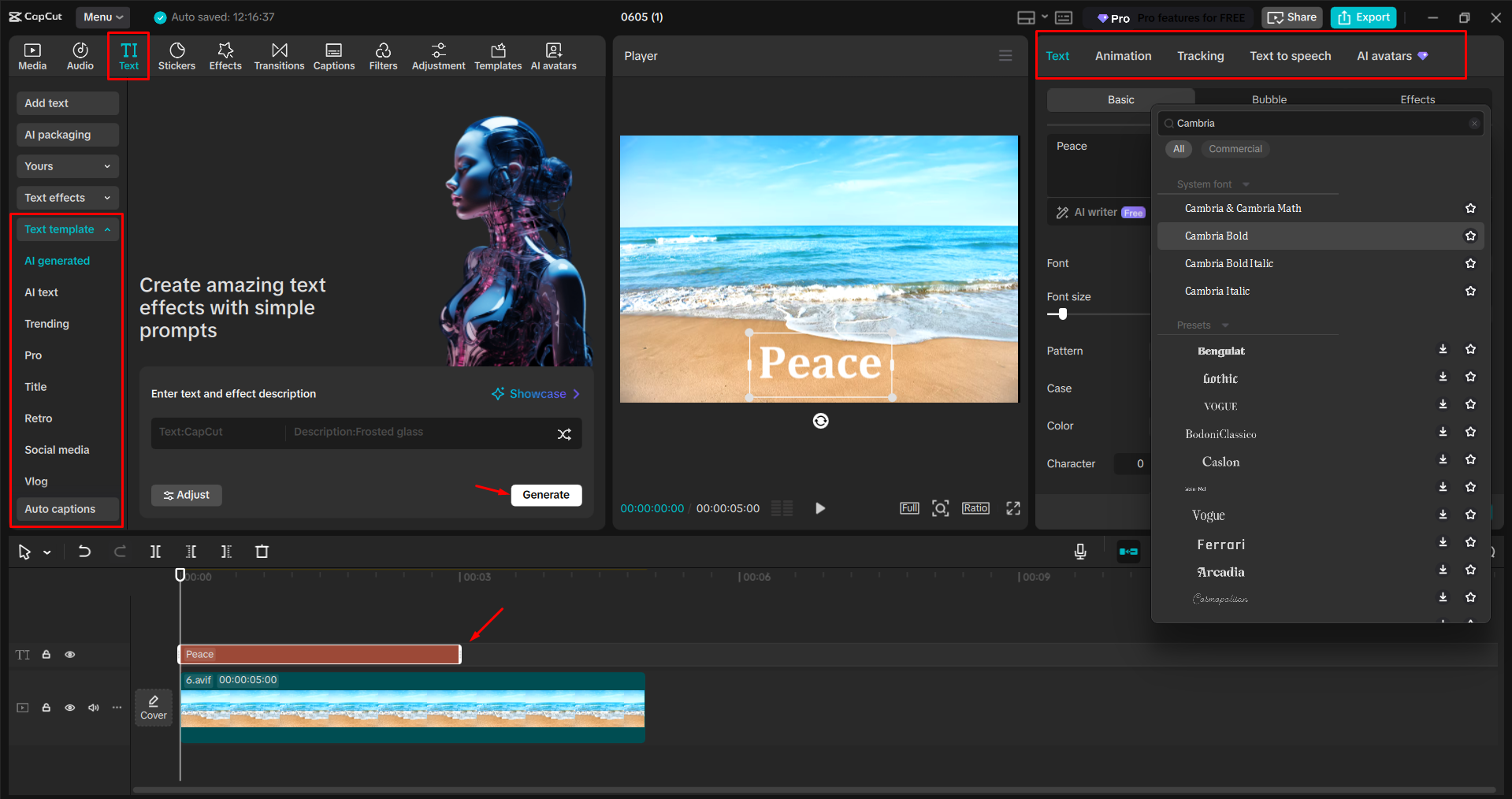 Applying a font to a text in videos in the CapCut desktop video editor