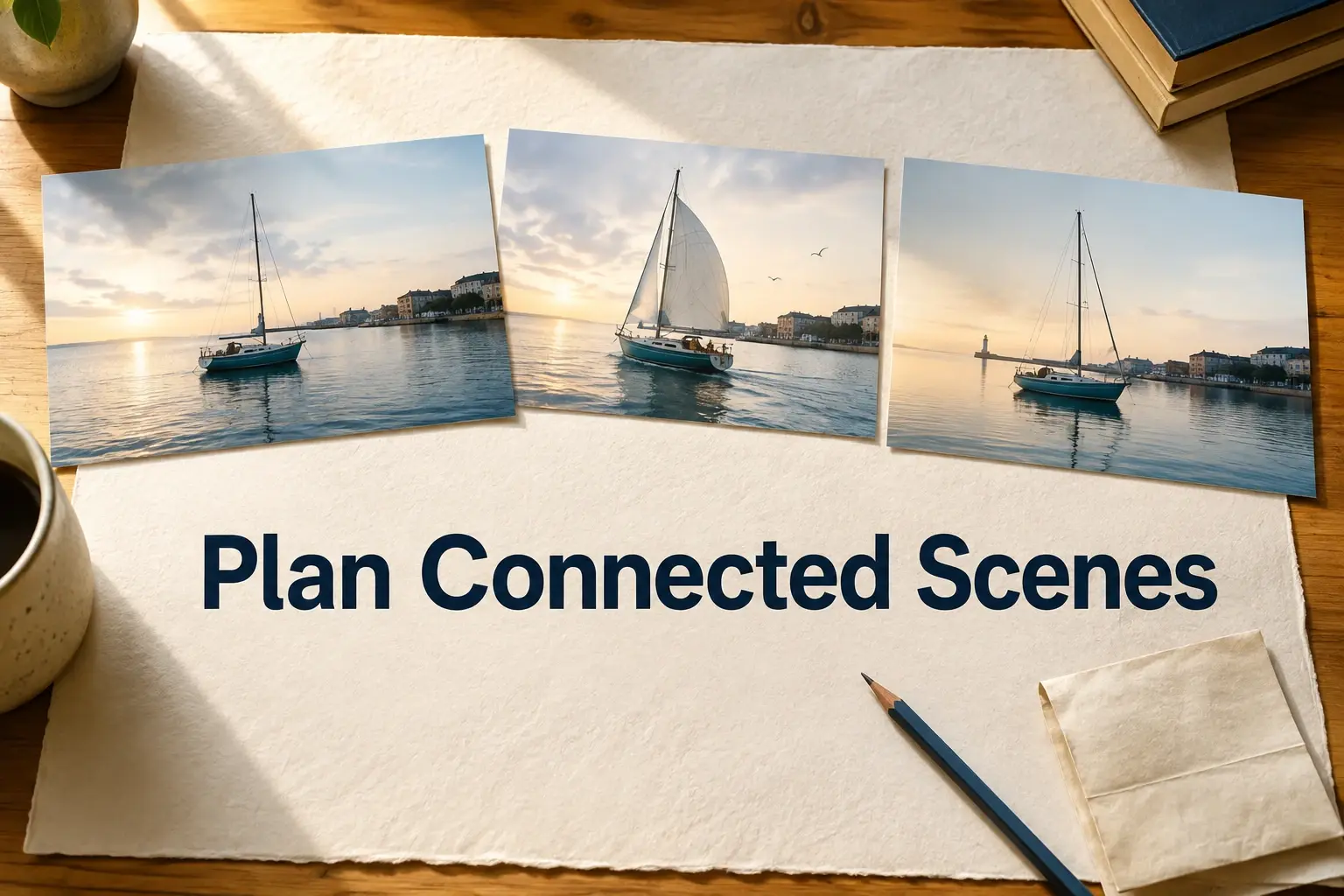 Three sailboat photographs on a paper plan showing a connected scene sequence