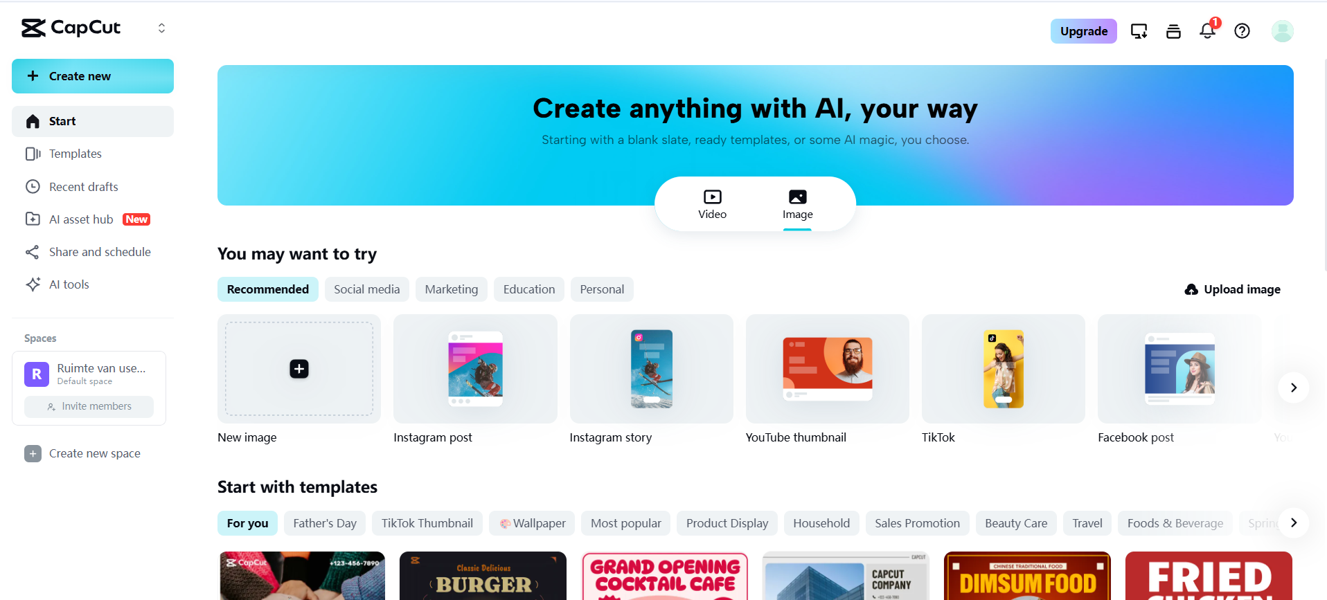 Pagina de start CapCut Web
