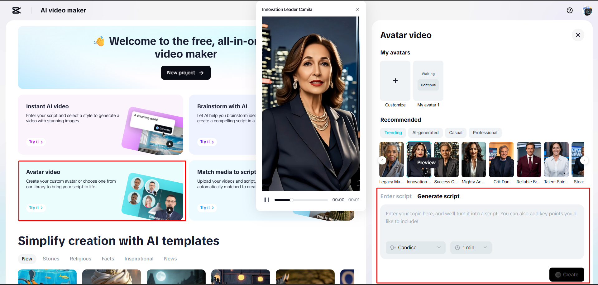 Generating a video with a script in CapCut Web
