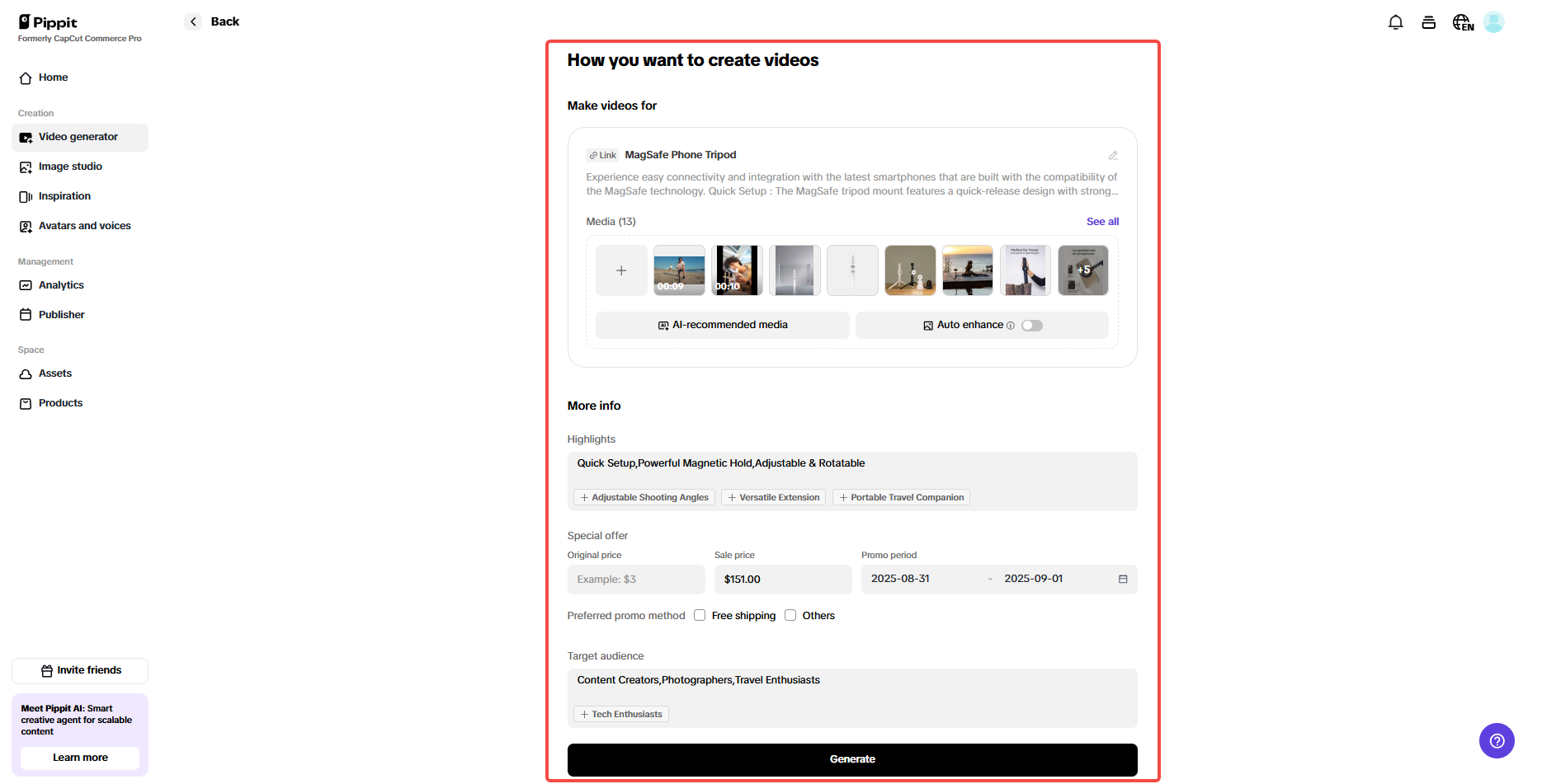Generate marketing video