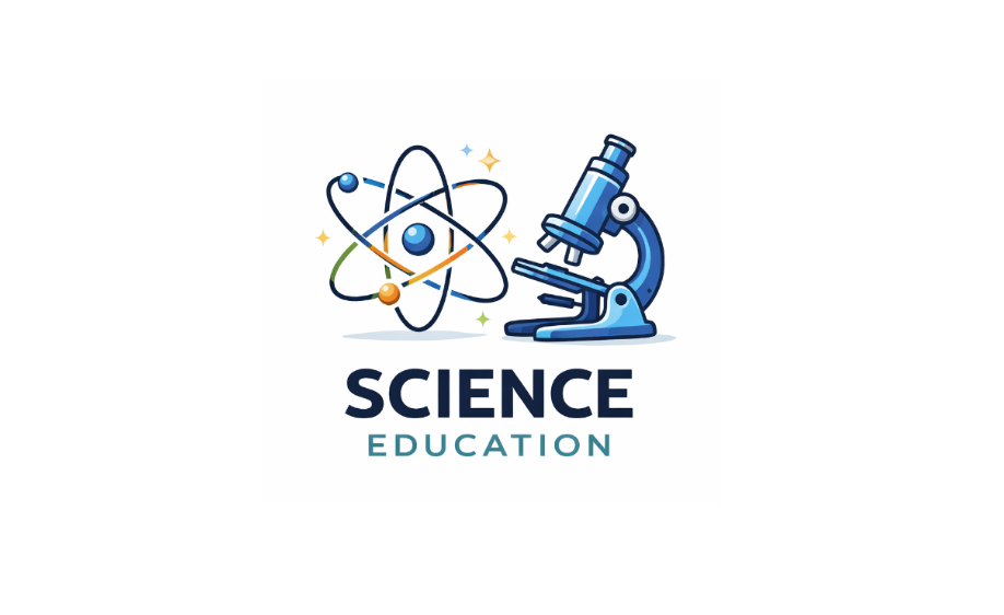 Science education logo featuring an atom and a microscope