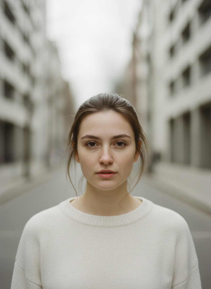 Before (vertical): natural portrait, neutral tones, no cherry blossoms, centered composition, clean city background