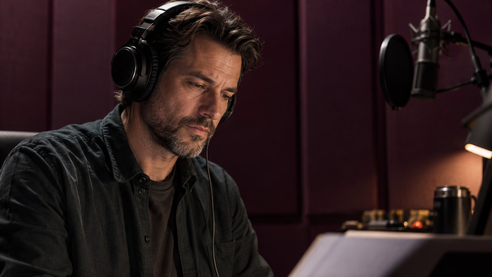 Voice performer listening critically through headphones