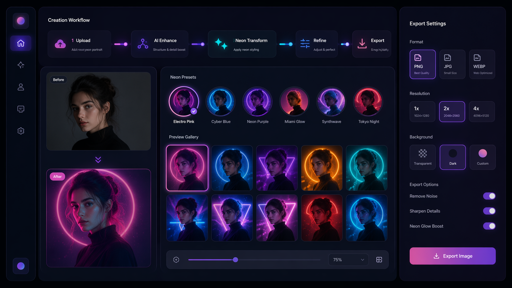 Workflow for creating AI Neon Portrait Generator visuals