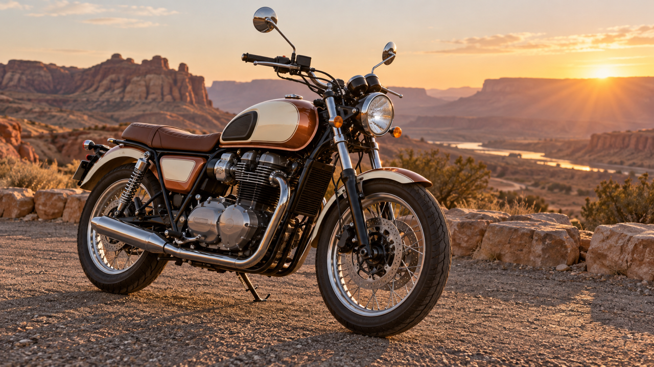 Unbranded ivory-and-copper vintage-style bike parked on its stand at a desert overlook at sunrise, complete low three-quarter view with both wheels visible, warm cinematic rim light and grounded shadow.