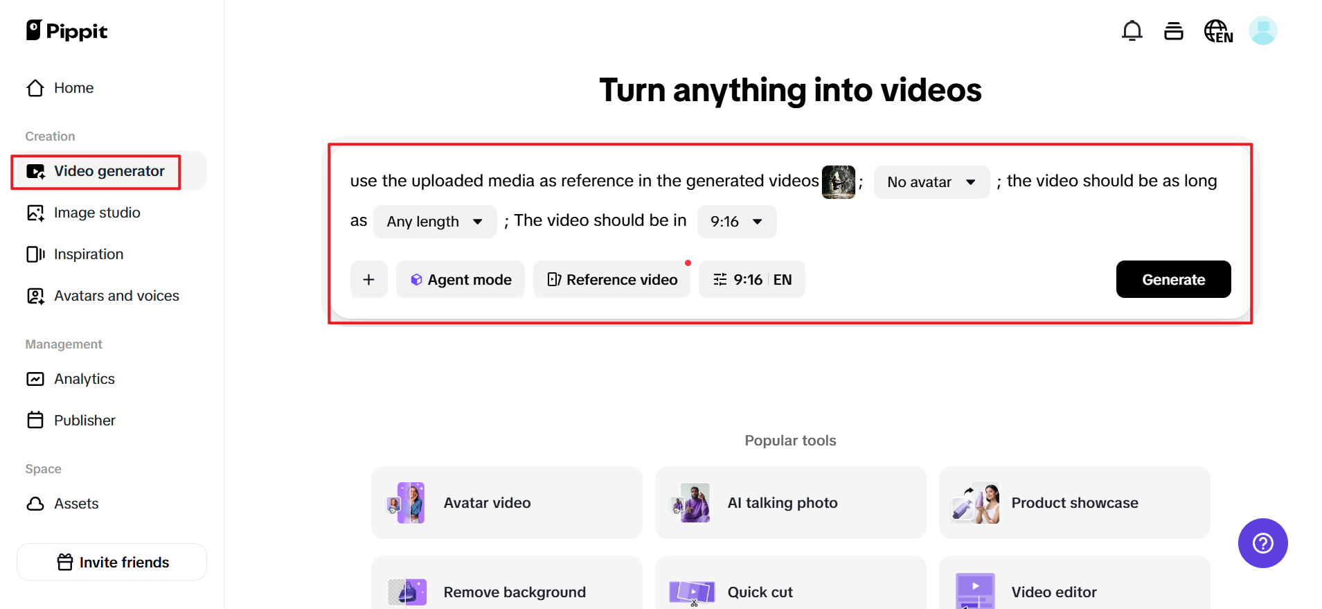 Add media to the "Video generator" section