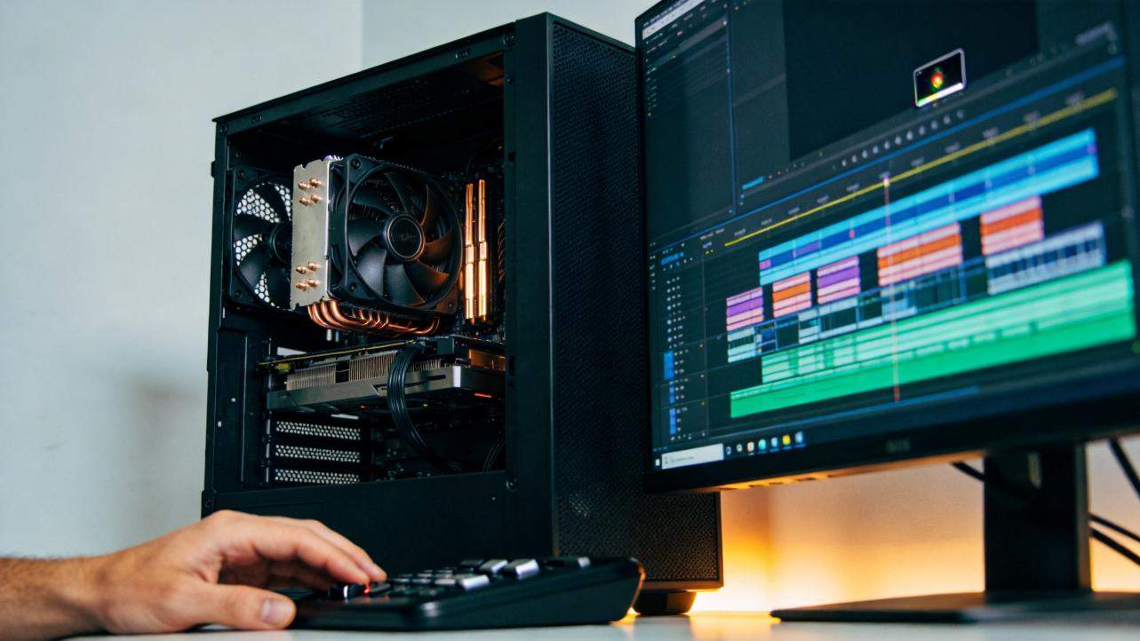 Desktop video editing setup with a PC tower, monitor showing a multitrack timeline, and a hand on a keyboard