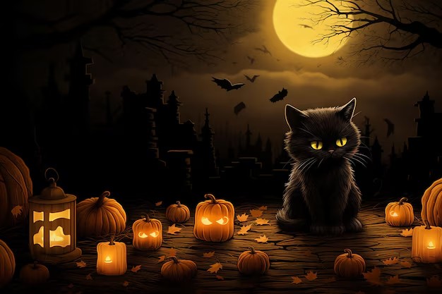 Cat with eerie lighting and haunted background