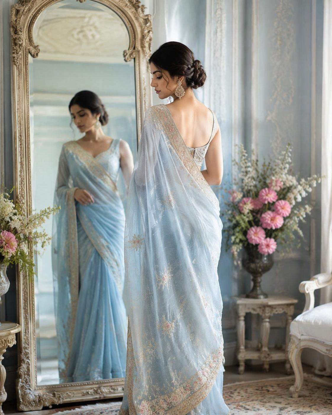 AI Pastello Blu Saree Specchio eroe visivo 3