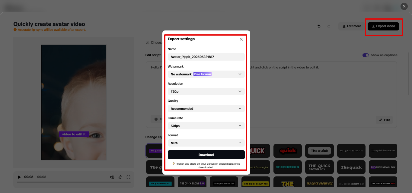 Exporting baby talk AI video from Pippit