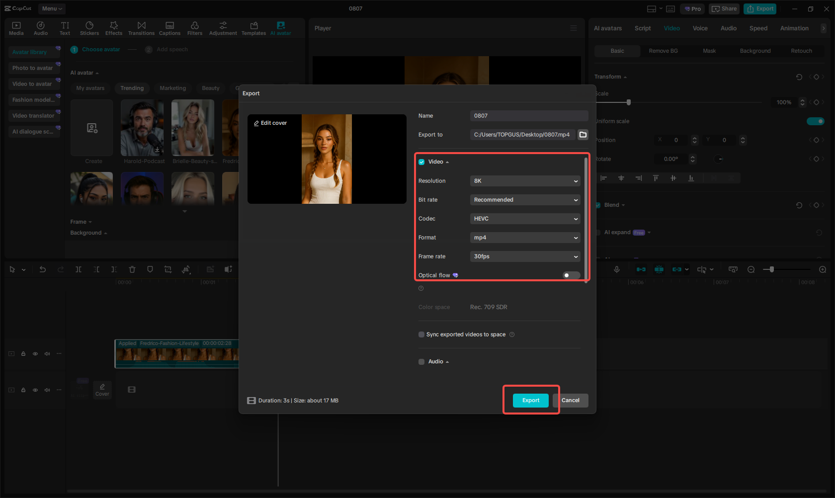 Exportar o vídeo do avatar