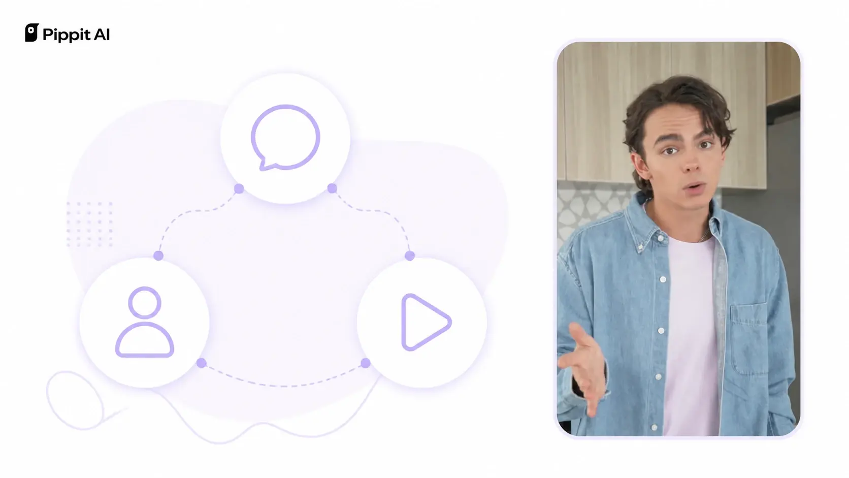 Pippit AI graphic beside a man speaking in a vertical video frame