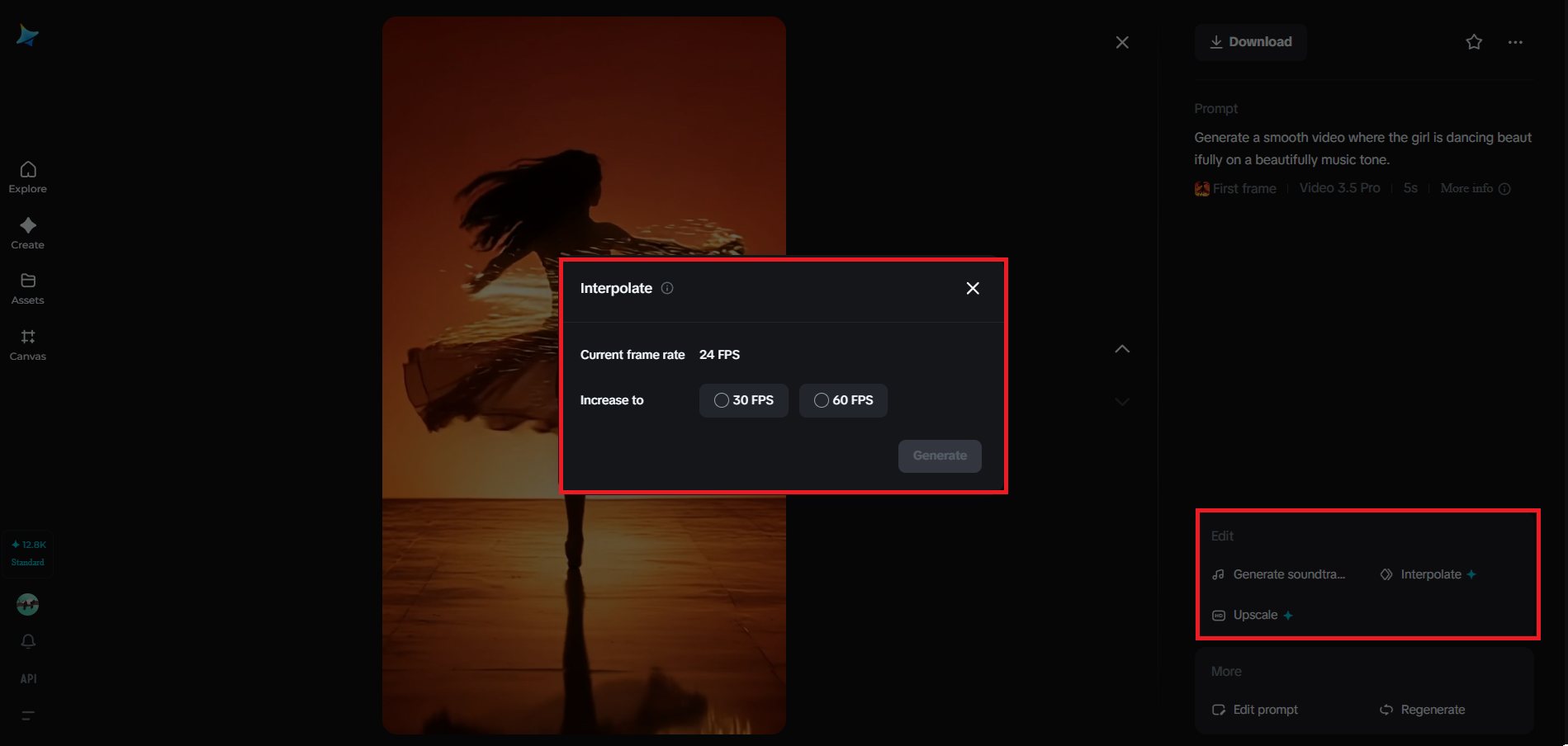 Interpolation feature in Dreamina