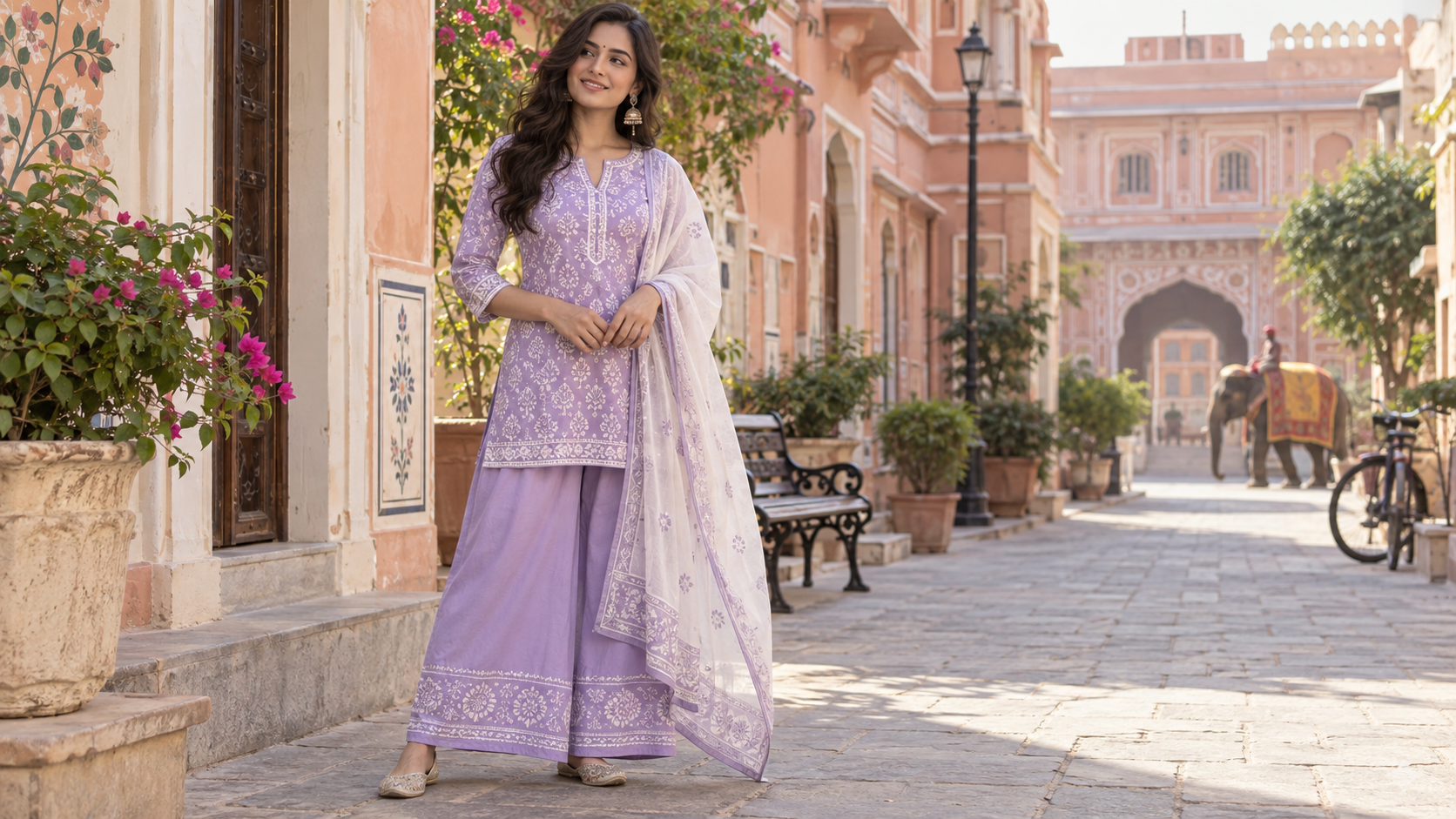 Lavender Kurti Street Style example for prompt seen girl dress