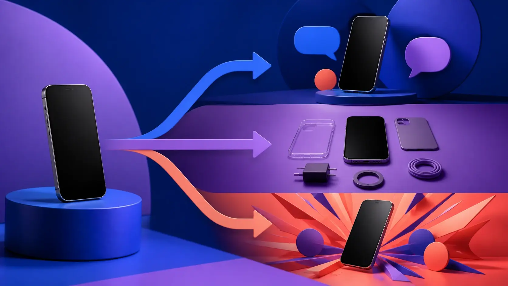 Three phone ad format concepts connected by arrows: UGC, demo, and offer