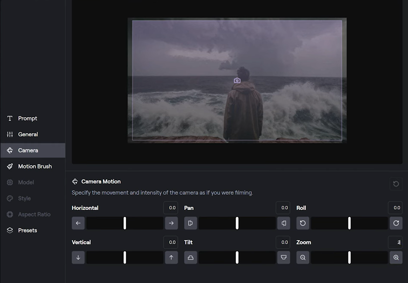 Adjusting the motion and camera setting in RunawayML text to video tool