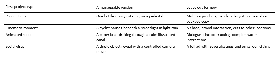 Table of first-project types, manageable versions, and what to leave out