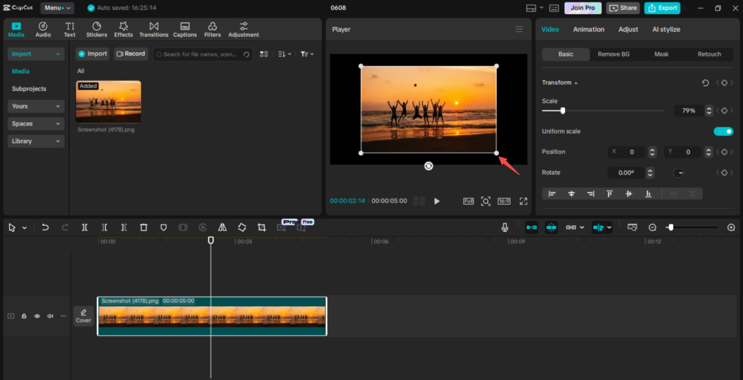 Using the manual method for resizing images in CapCut