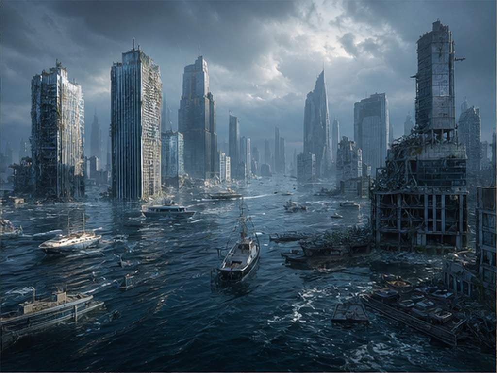 Zerstörte Stadt AI Prompts Prompt Beispiel 2 - Überflutetes Finanzviertel