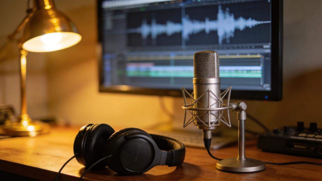 Microphone and headphones on desk in front of a video editing timeline on a monitor