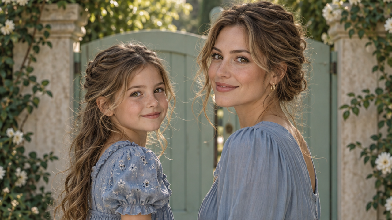 16:9 premium editorial paired portrait of same fictional person as child left and adult right, two distinct figures beside pale green garden gate, matched three-quarter face angle, coordinated muted blue clothing, warm afternoon sunlight, photographic skin detail, no text.