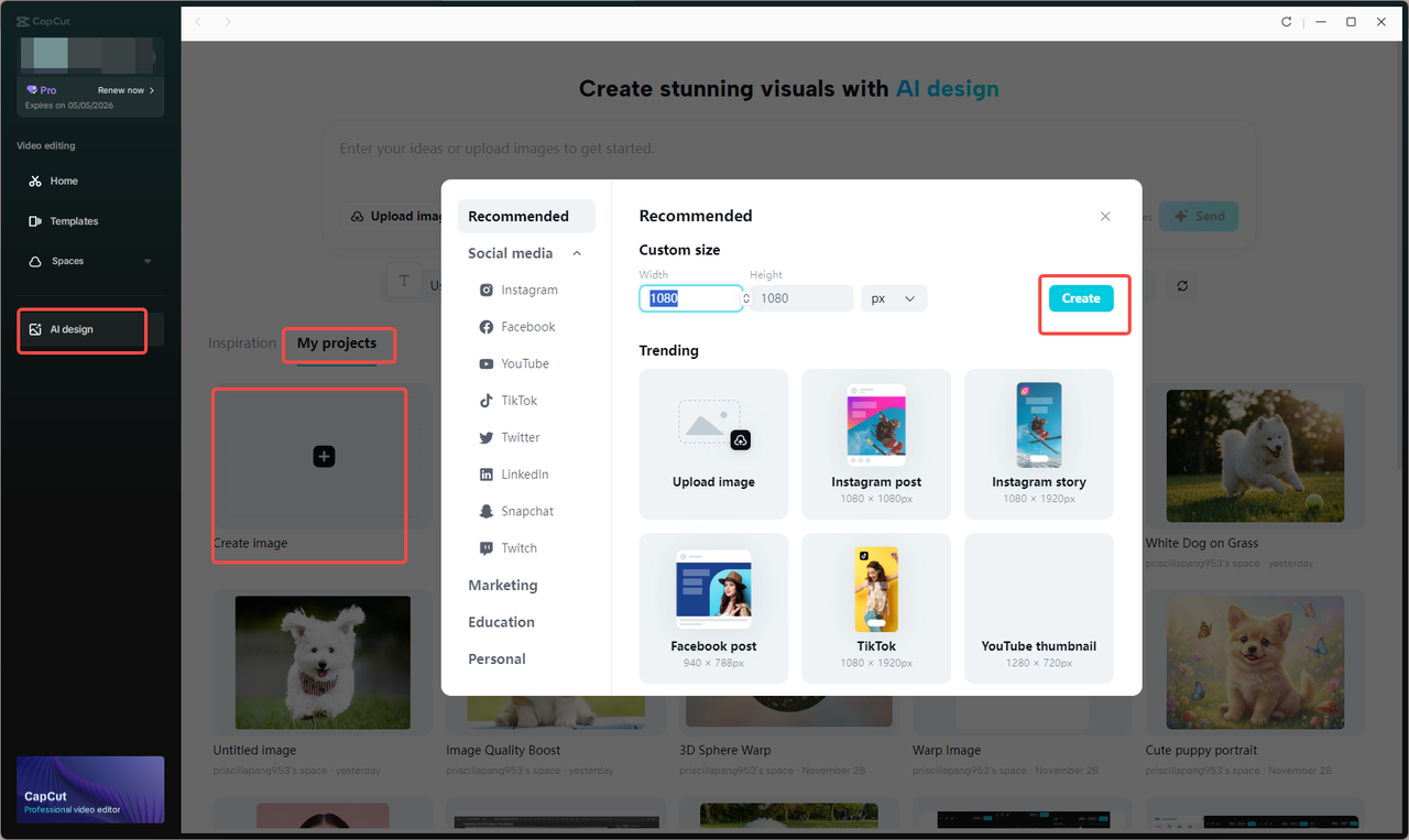 Access to CapCut's AI design tool