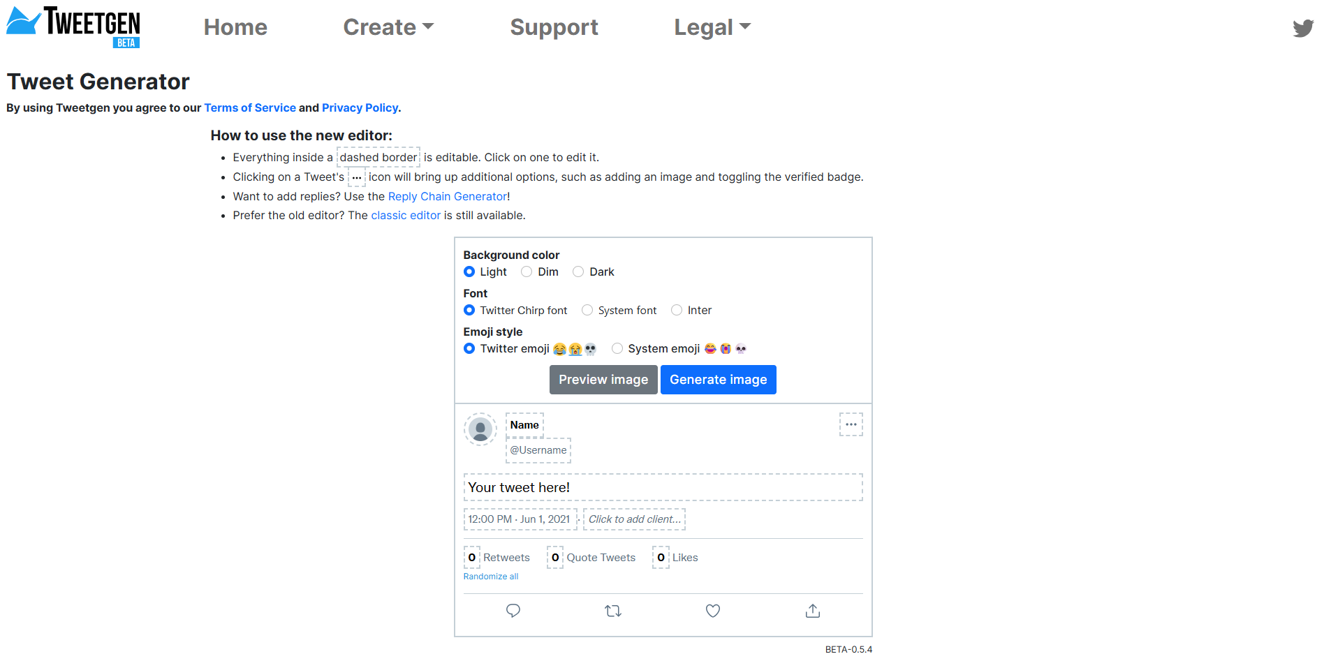 Interface of Tweetgen - the best Twitter post generator
