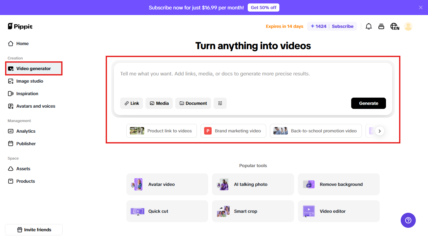 Access the AI video generator