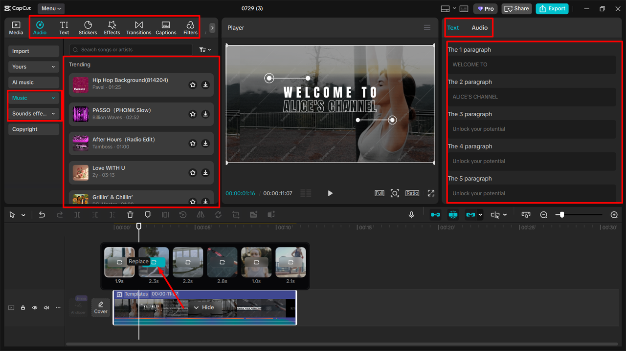 Customizing the intro templates in CapCut desktop video editor