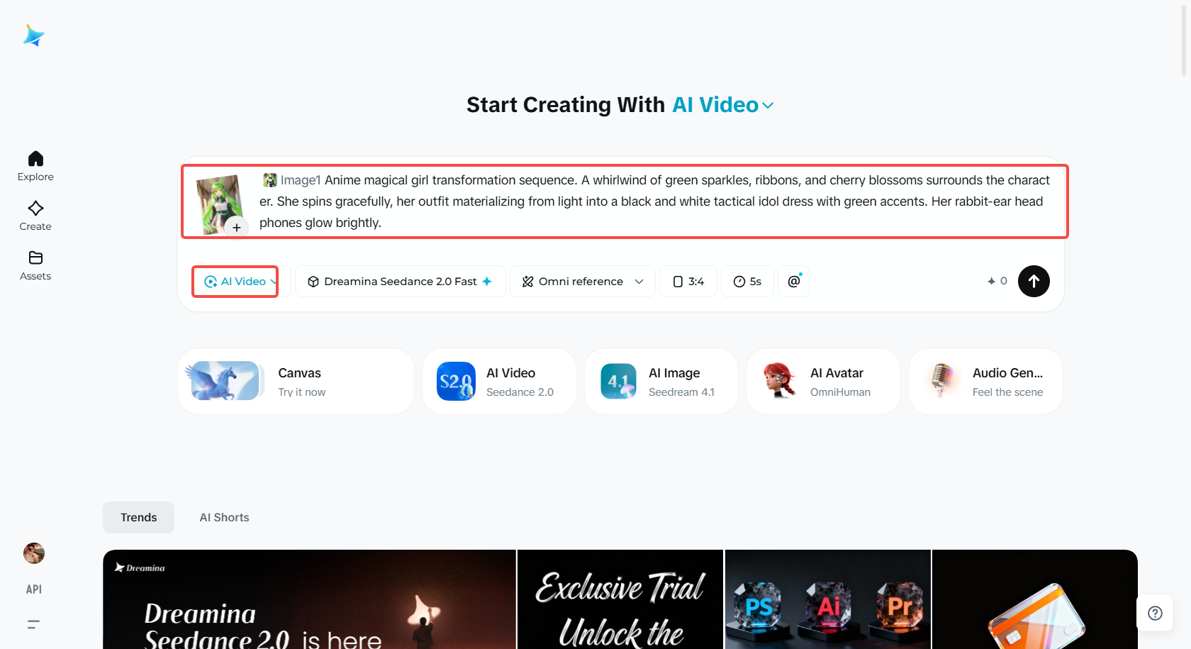 Accessing the "AI Video" feature in Dreamina