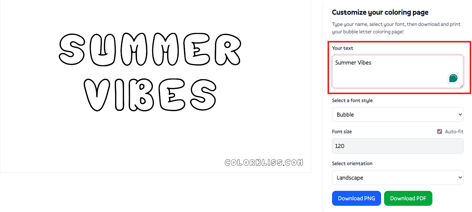 Open ColorBliss and enter your text