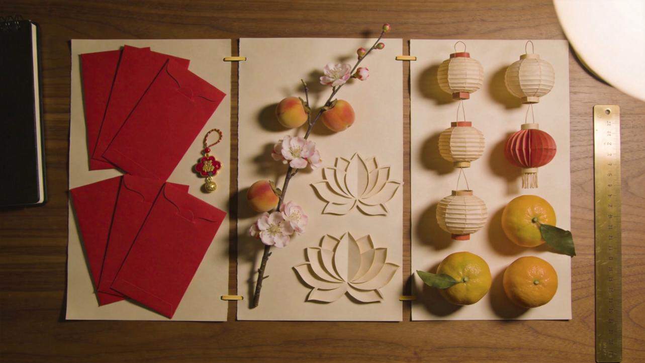 Lunar New Year display with red envelopes, blossoms, lanterns, and oranges on a wooden table