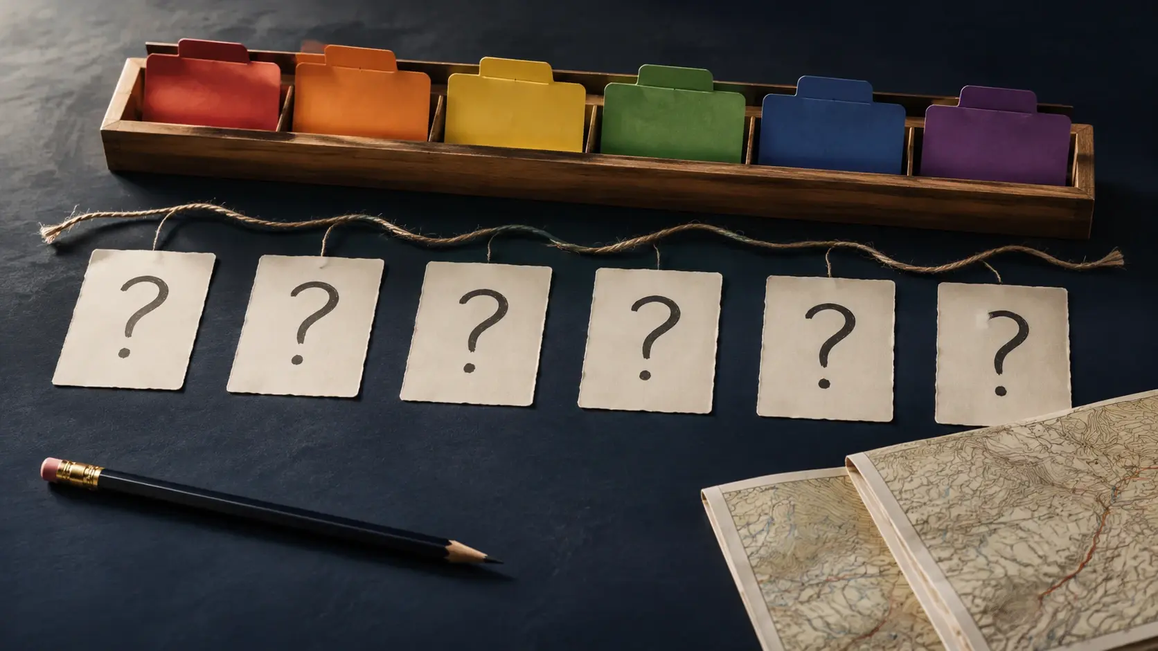 Six physical question cards and colored dividers for choosing the right FAQ topic