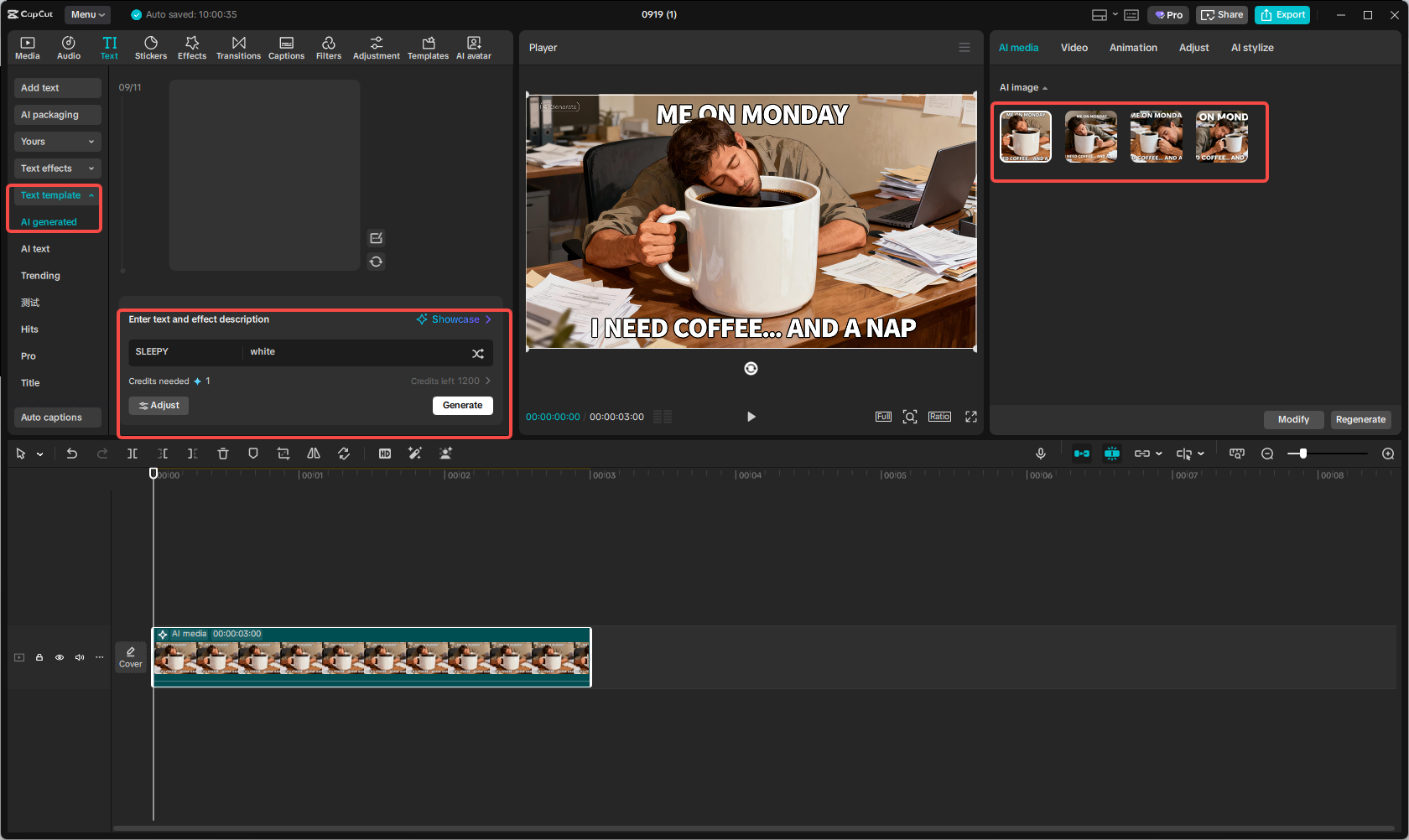 Using the AI text generation feature in CapCut