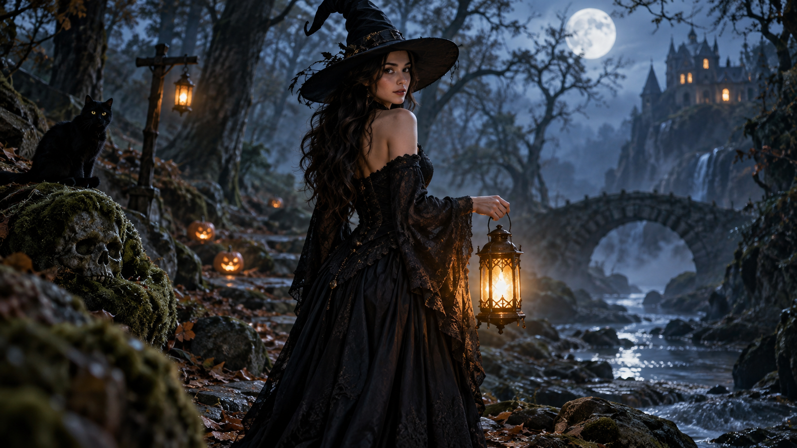 Moonlit witch portrait: Fictional adult witch in a misty blue forest holding a warm lantern, elegant black dress, cinematic photograph