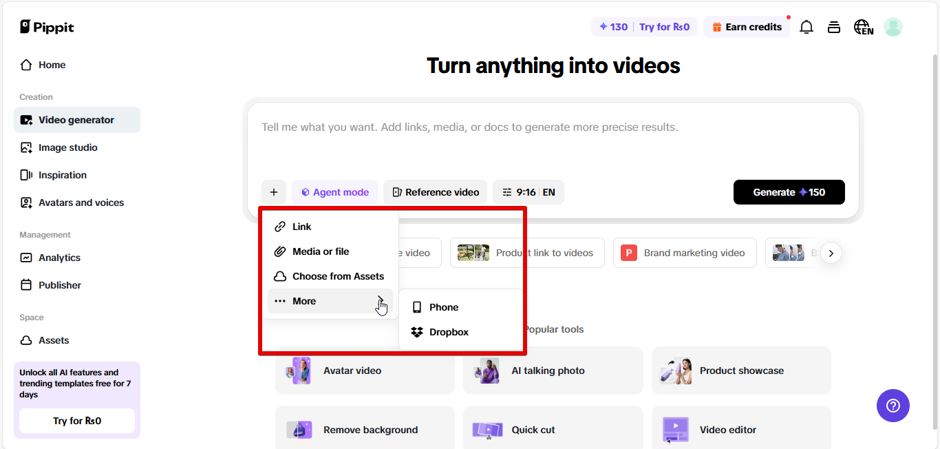 Any input to video in Pippit