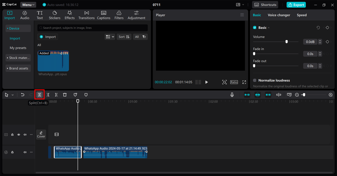 CapCut desktop timeline showing the split tool positioned on an MP3 audio waveform.