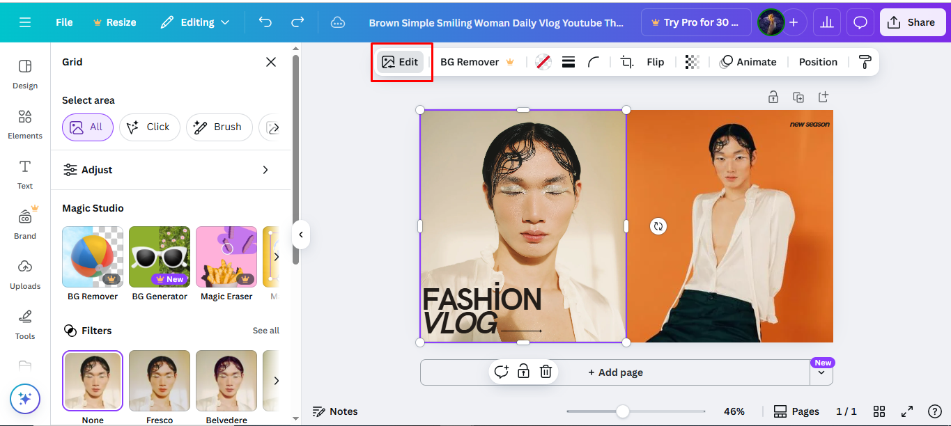 Accessing the editing tools in Canva for photo blur