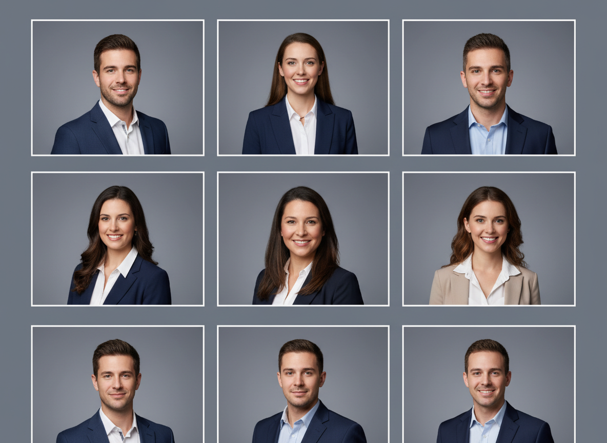 Consistent team AI avatars grid: 3x3 professional headshots, unified soft gray background, matched lighting and framing.