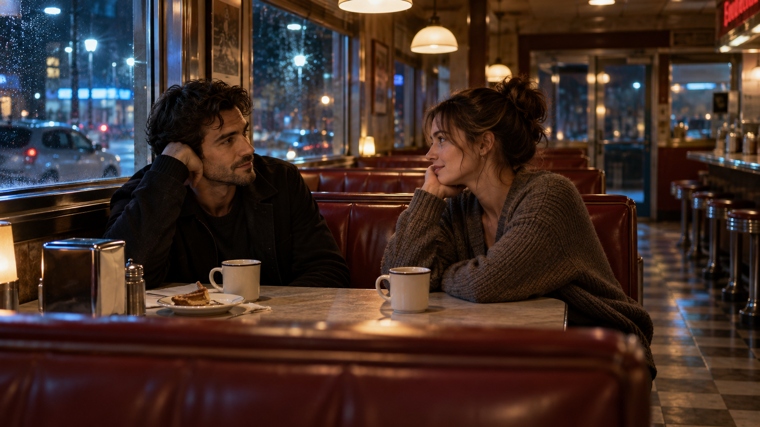 cinematic AI photo prompts: Late-Night Diner Conversation