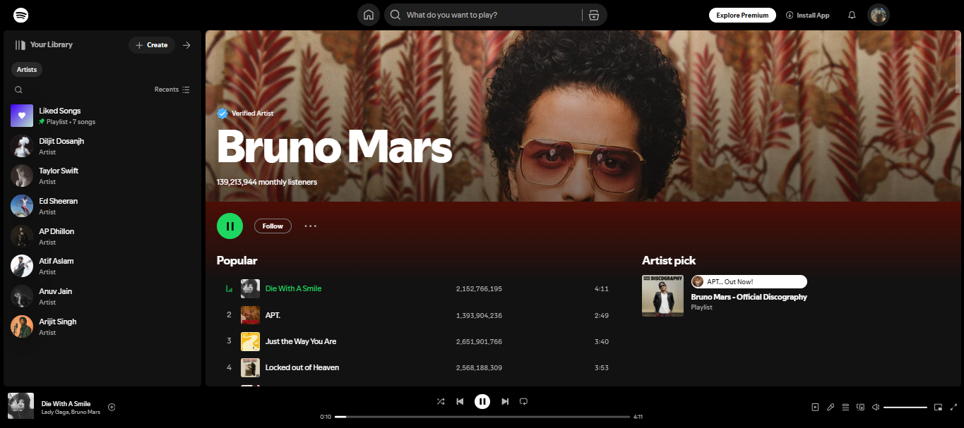 Bruno Mars - Uno de los 100 mejores artistas de Spotify