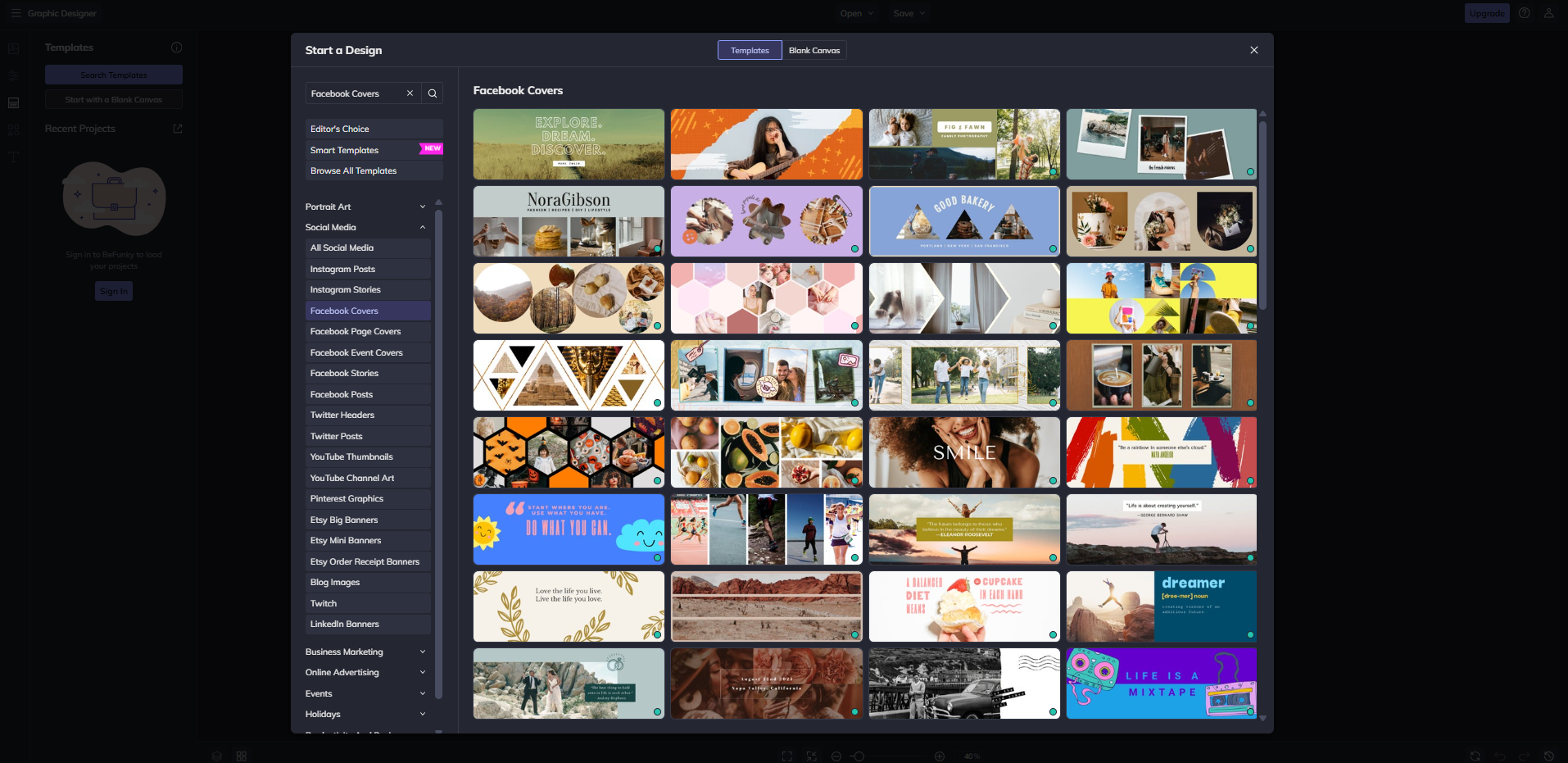 Interface of BeFunky - another tool with diverse Facebook cover image templates